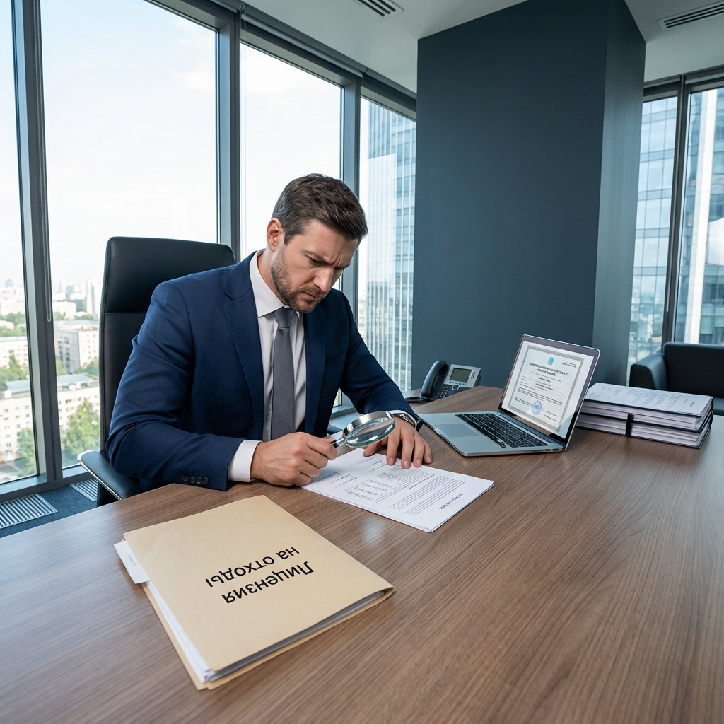 Бизнесмен проверяет документы при покупке готовой фирмы с лицензией на отходы